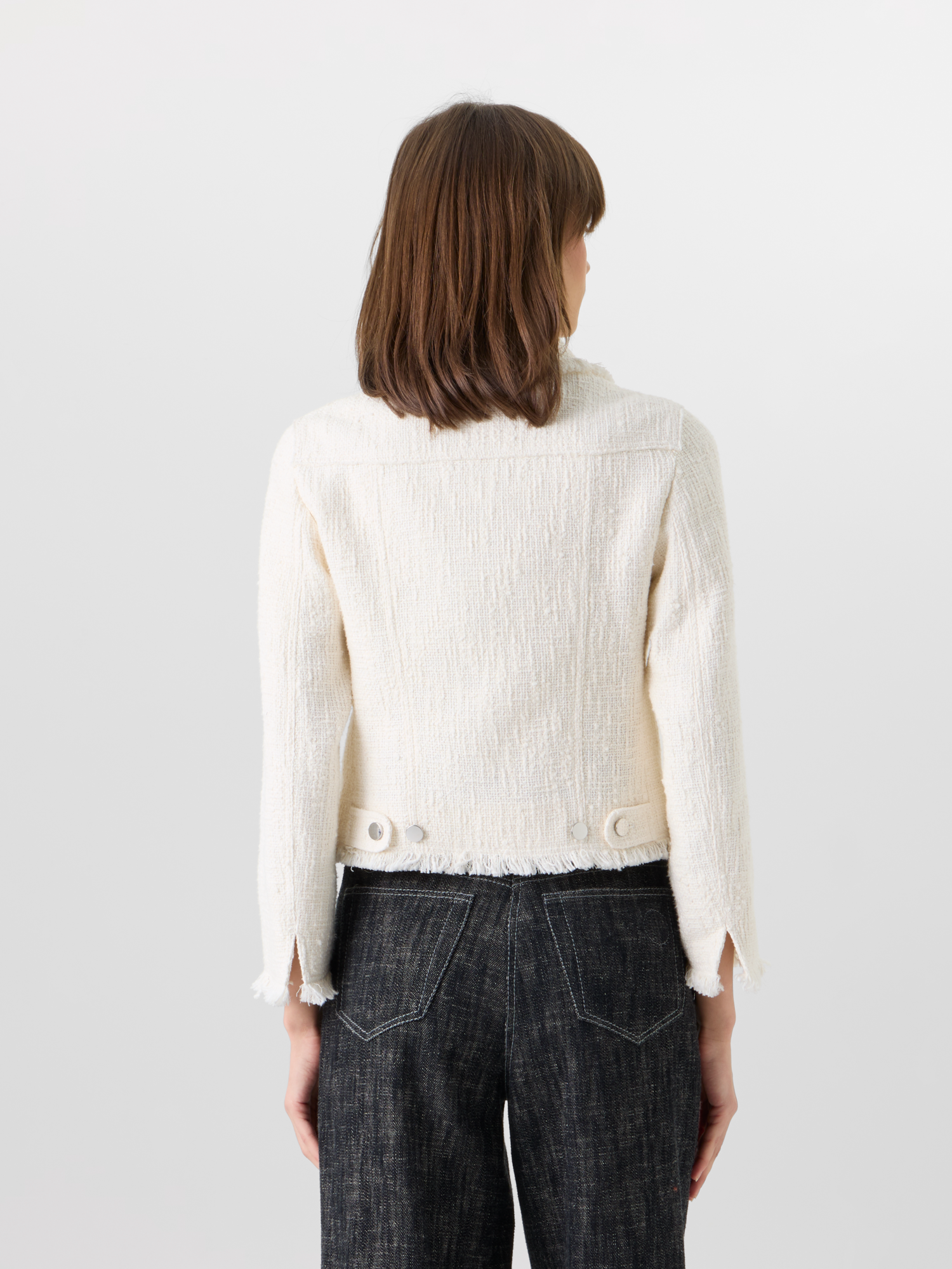 Designer Long-Sleeve Cotton-Blend Tweed Short Jacket - ecru 