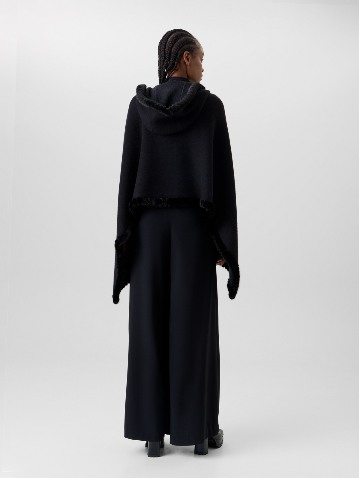 Designer Reversible Hooded Cashmere Cape with Mink Trim - grey - black 
