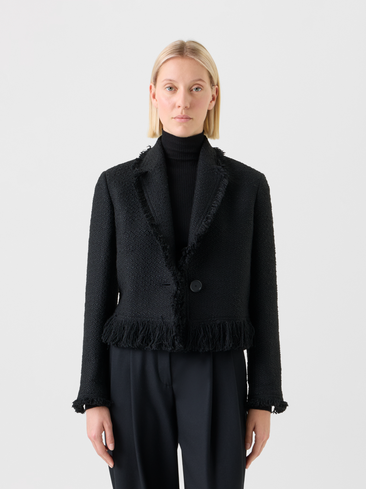 Designer Cropped Bouclé Tweed Jacket with Fringe Hem - black - neutral #editorial