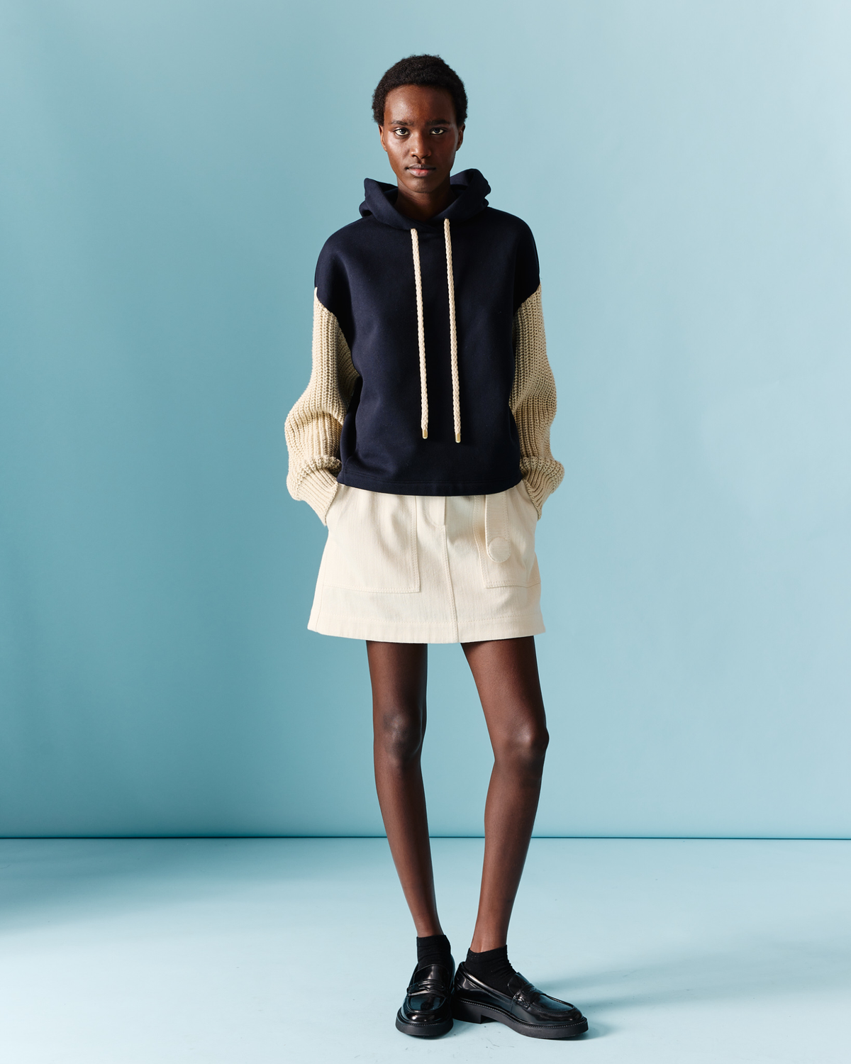 Designer Jersey Hoodie with Knit Sleeves - navy - blue - multicolor - beige #editorial