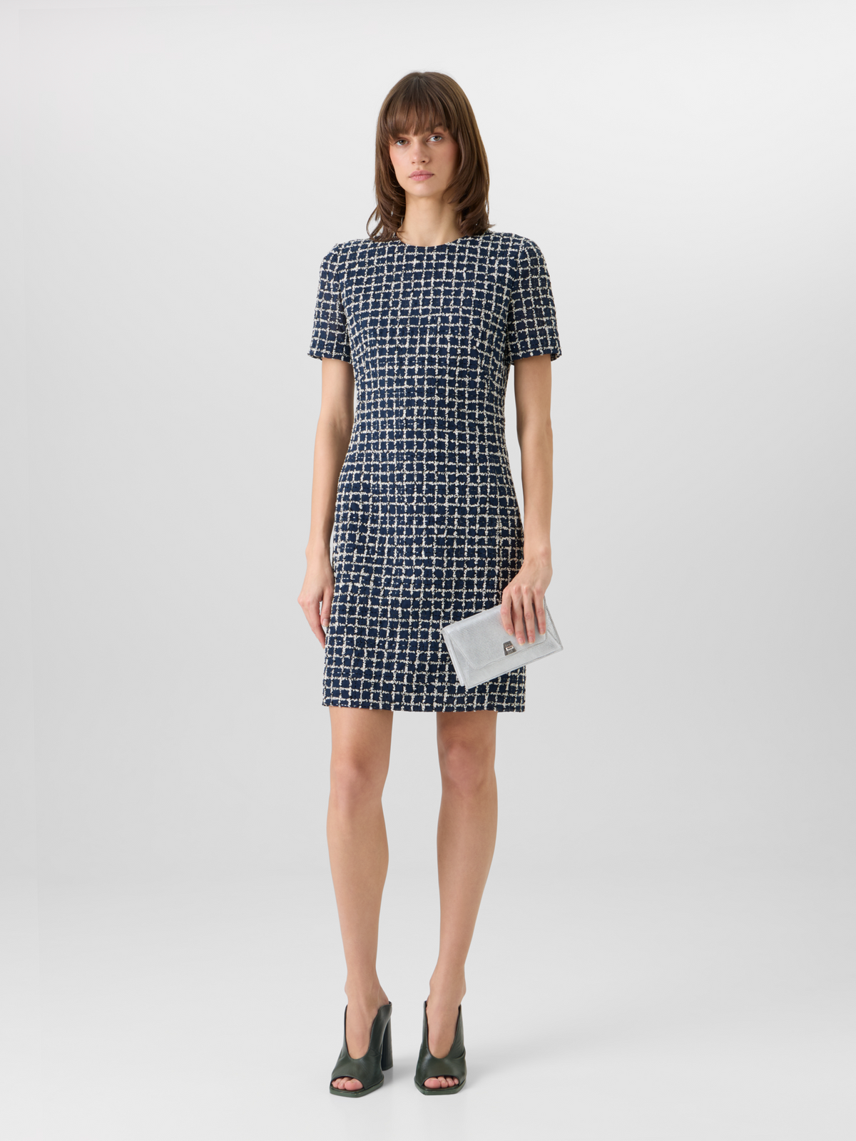 Designer Short-Sleeve Tweed Check Sheath Dress - blue #editorial