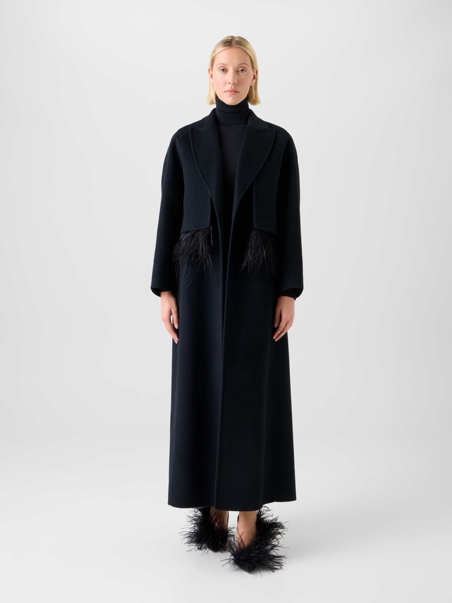 Designer Duo Coat - Vest and Bolero with Feather Detail - black - neutral 