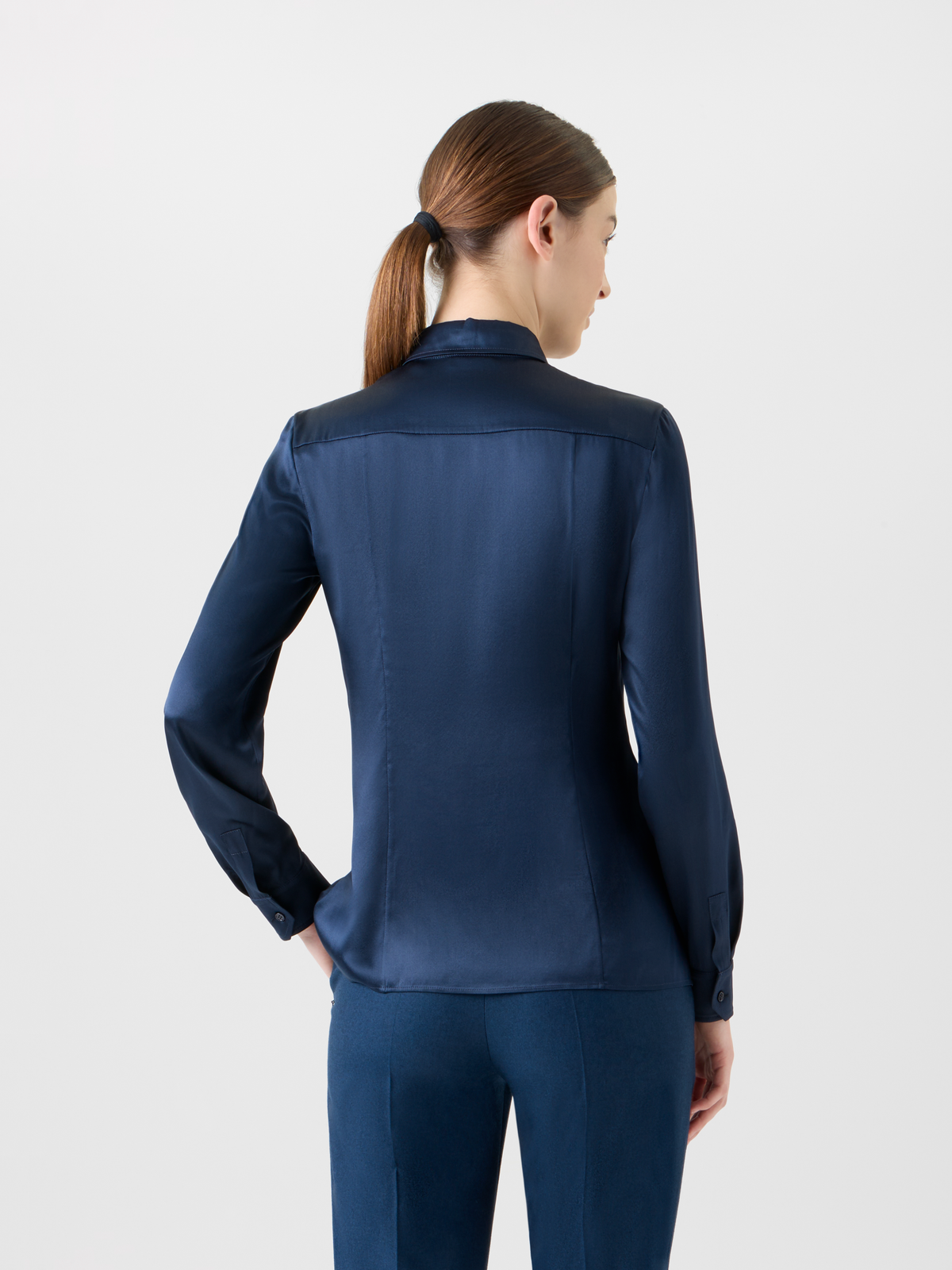 Designer Stretch Silk Satin Shirt Blouse - neutral - navy - blue #editorial