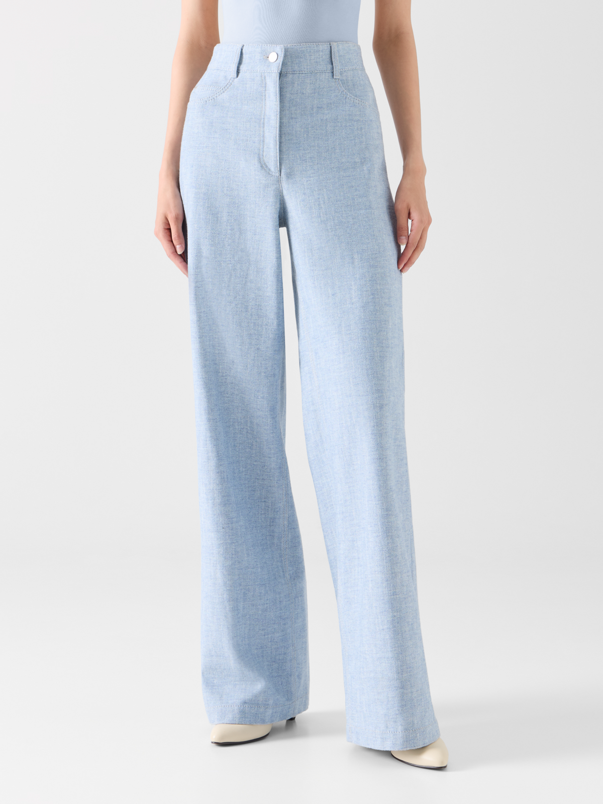 Designer High Rise Wide Leg Pants in Brushed Winter Denim - blue 