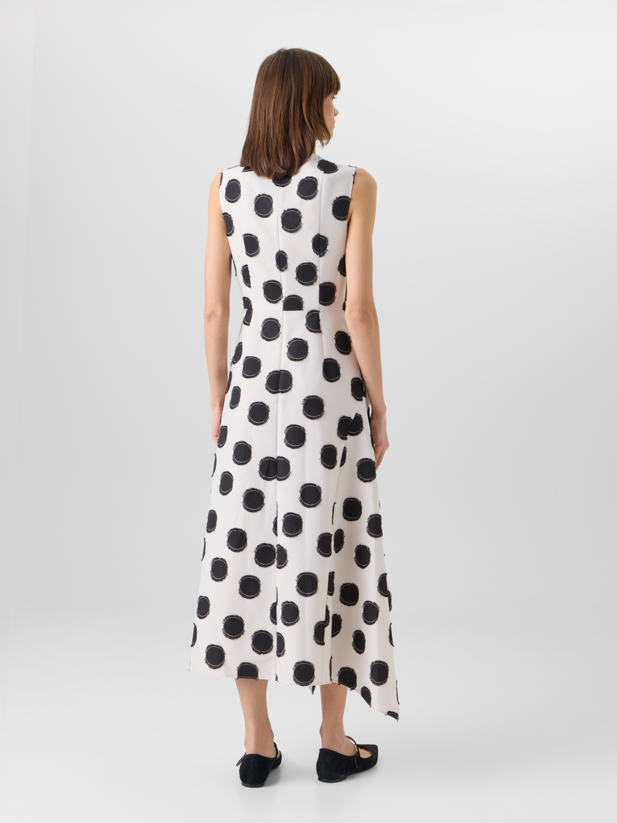 Designer Sleeveless Fringed Polka-Dot Midi Dress - white #editorial
