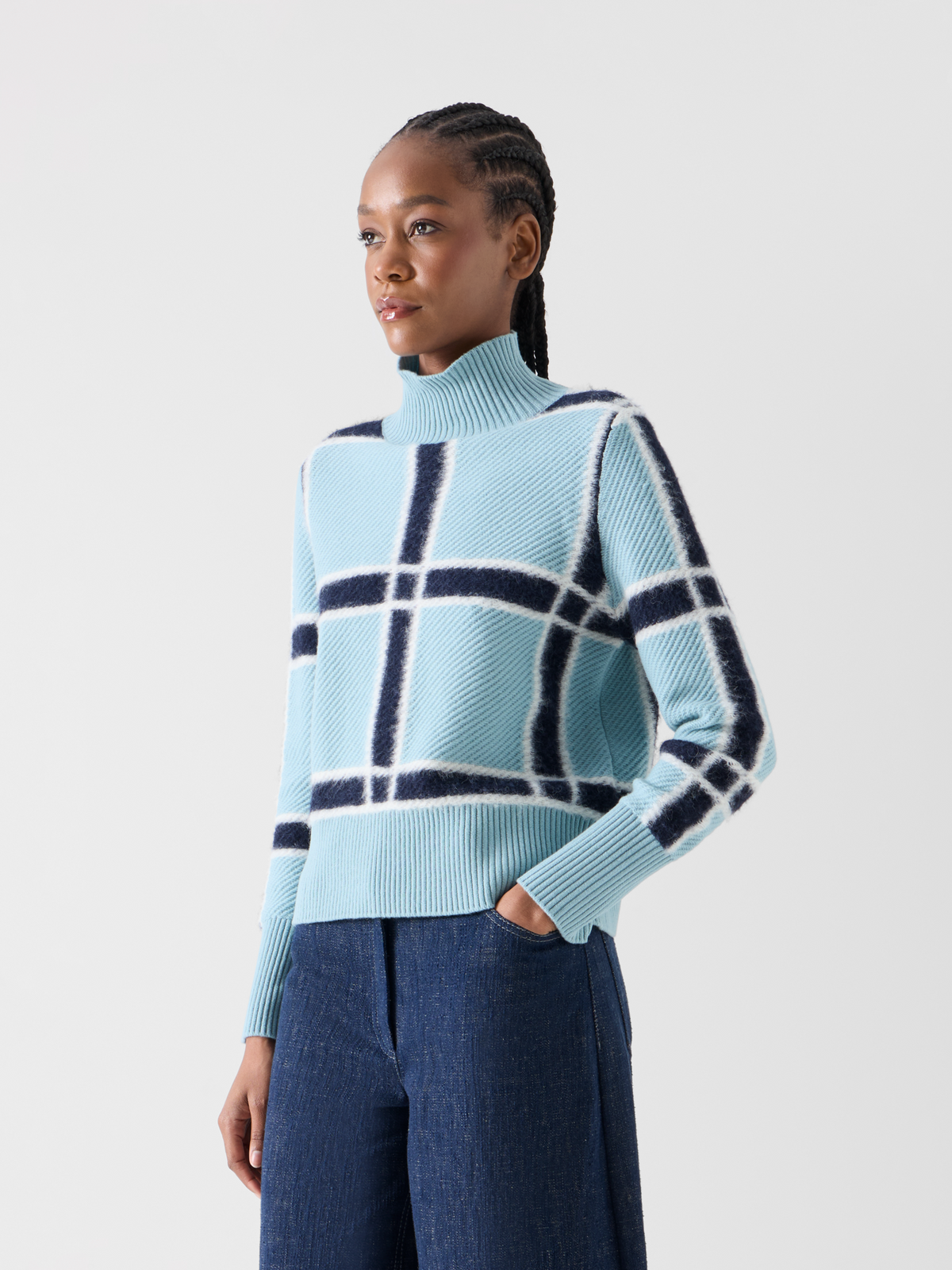 Designer Wool Cashmere Sweater with Intarsia Plaid - blue #editorial