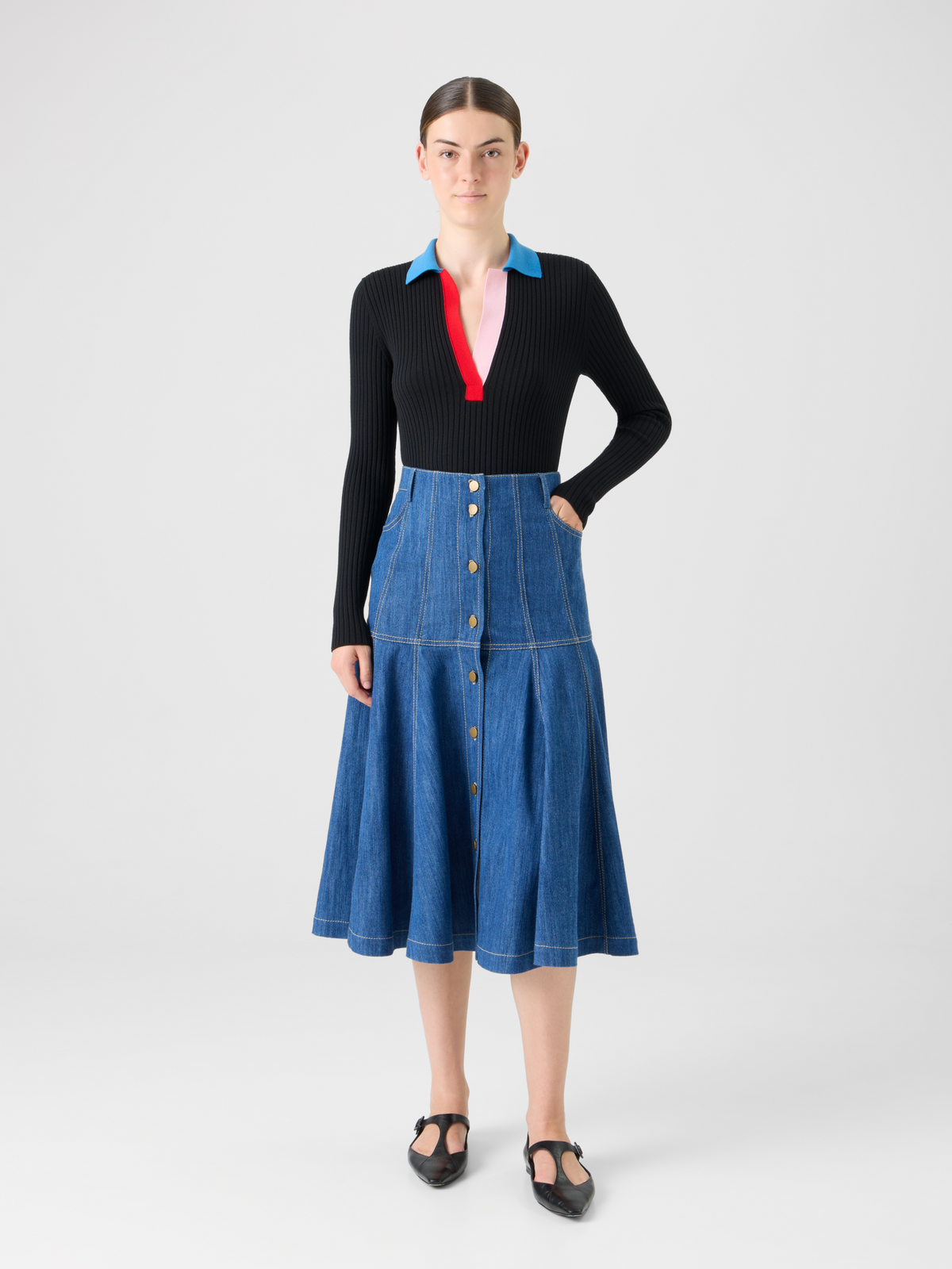 Designer Cotton Denim Midi Skirt with Flared Hem - blue #editorial