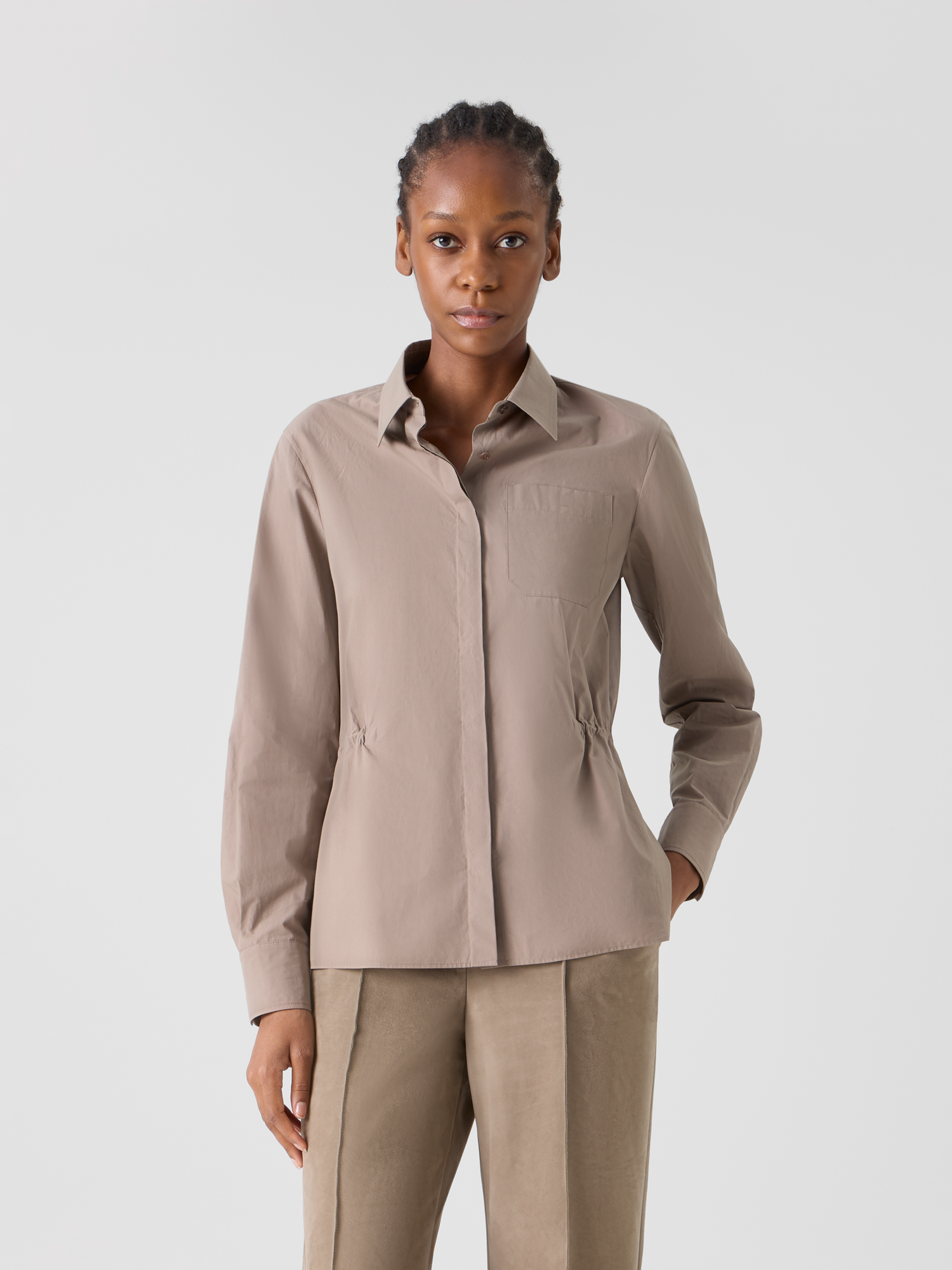 Designer Cotton Poplin Shirt with Waist Drawstring - beige 