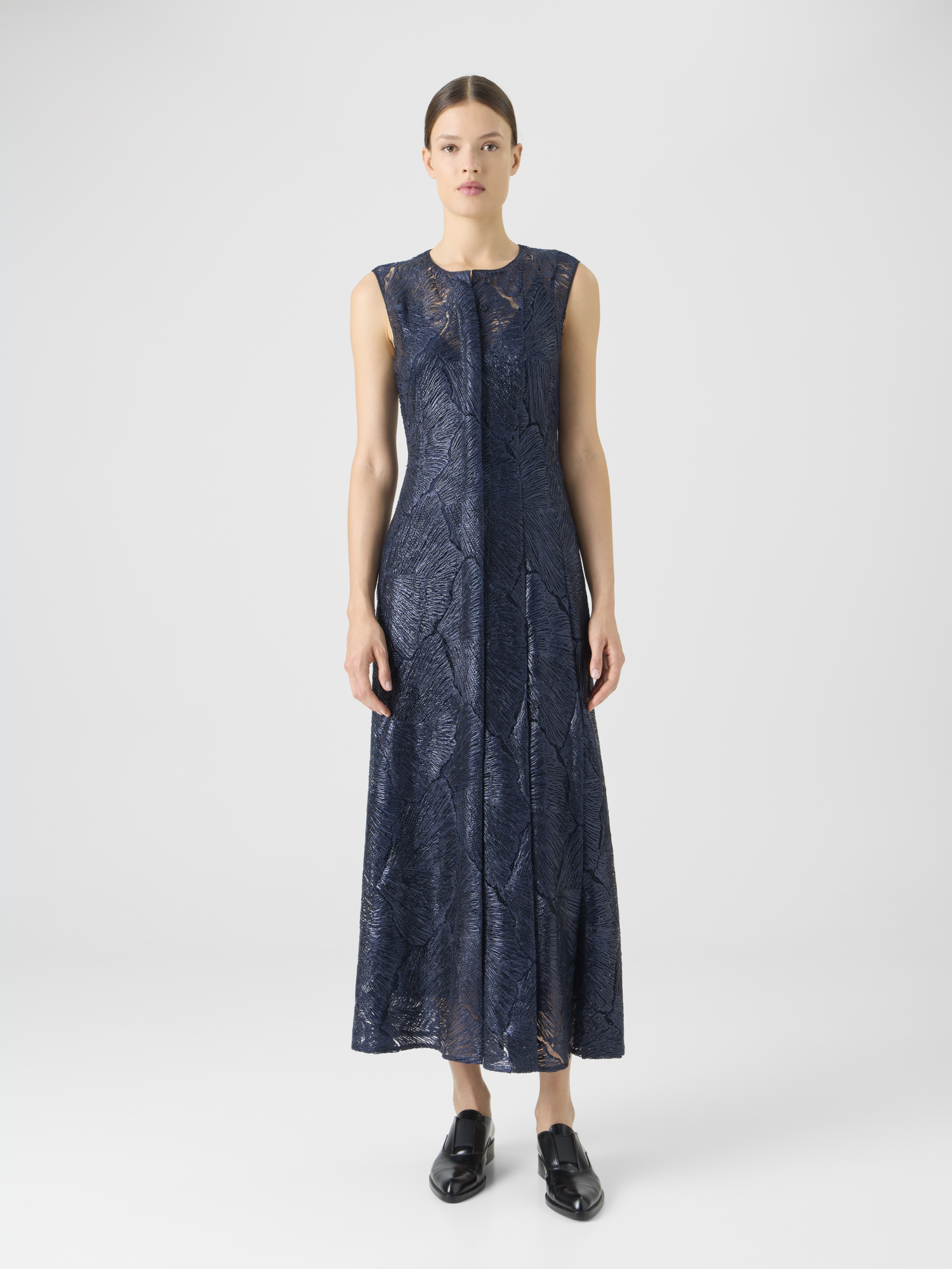 Designer Lacquered Sea Fan Lace Midi Dress - navy - blue 