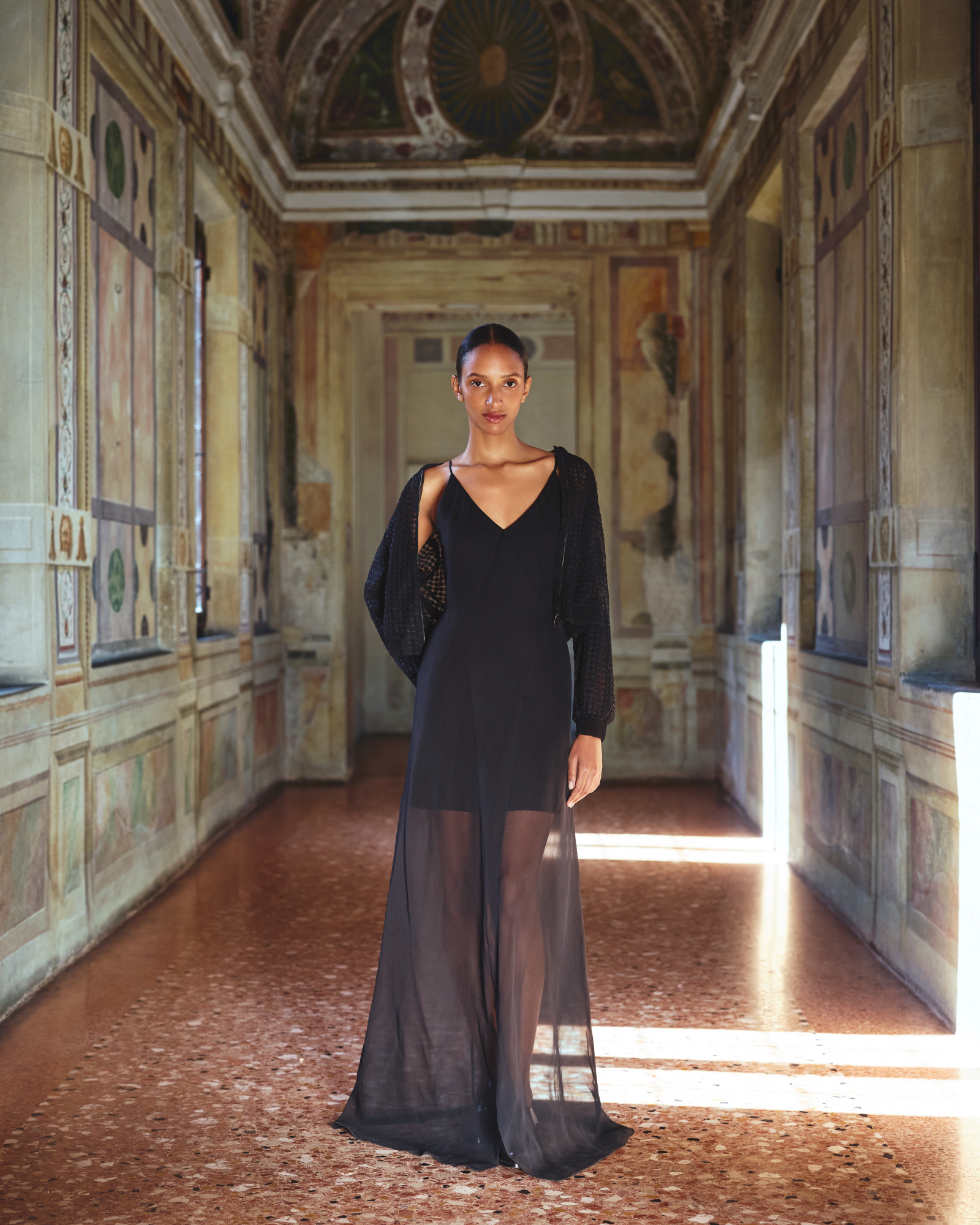 Designer Sheer Silk Gown with Double-Layer - black - neutral