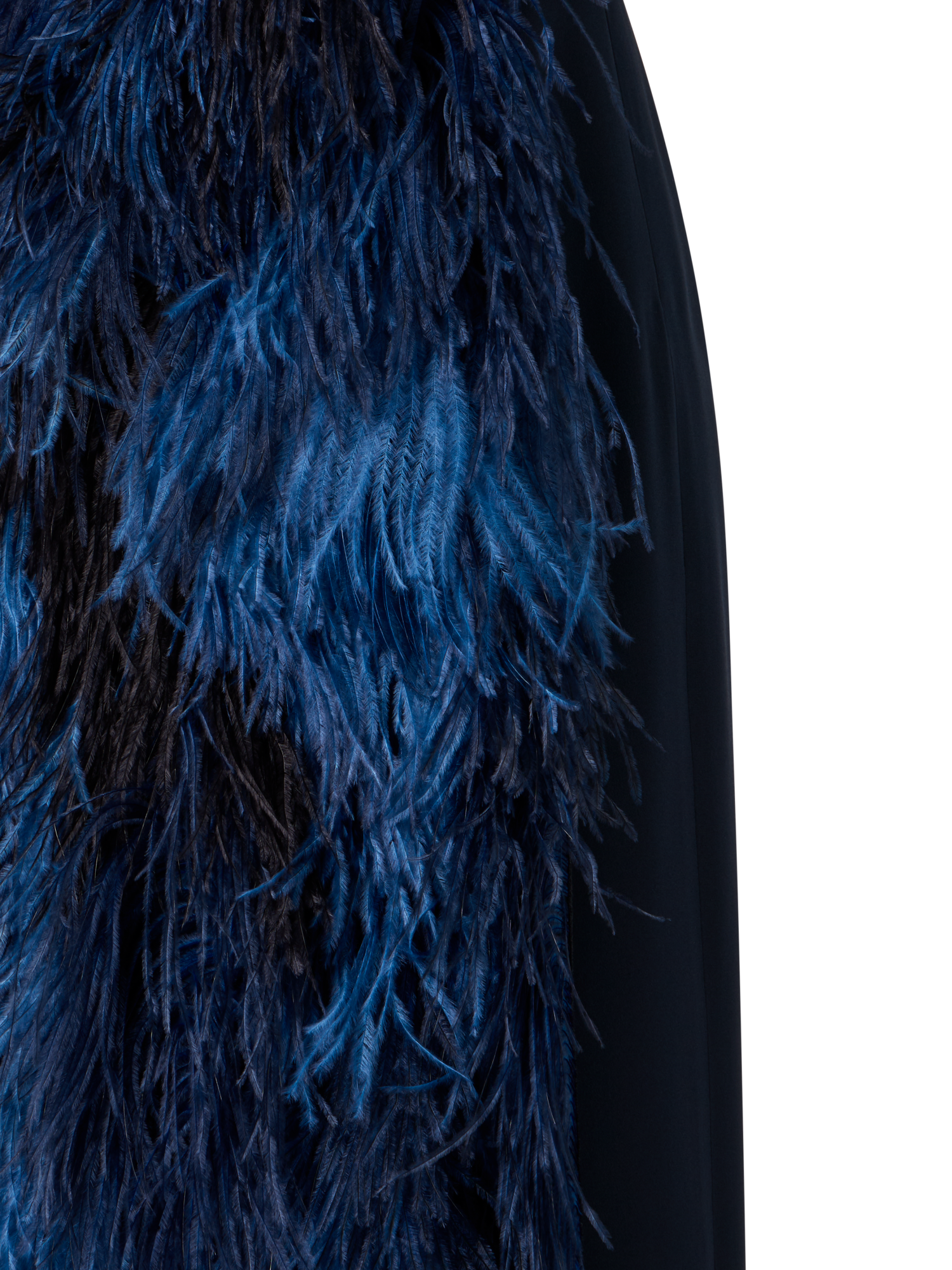 Designer Feathered Corsage Silk Gown with Slit - navy - blue - multicolor