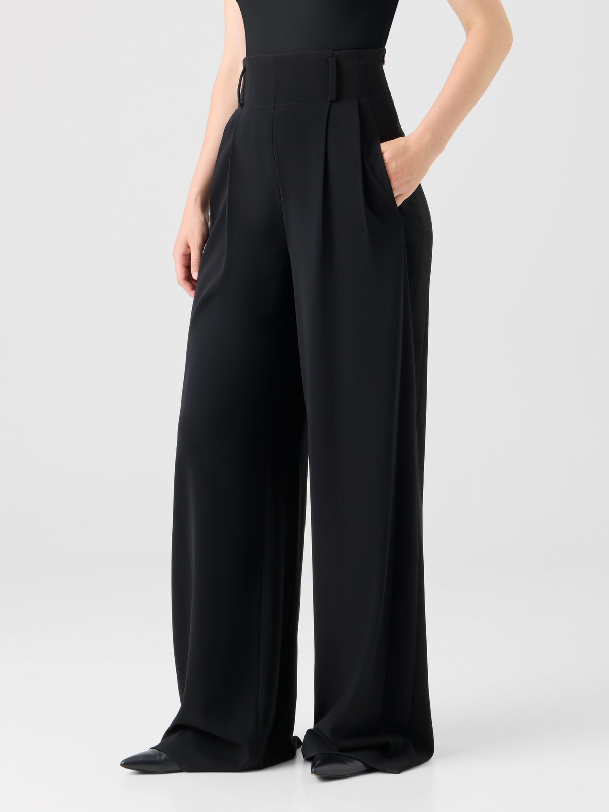 Designer High-Waist Lasercut Crêpe Wide Pants - black #editorial