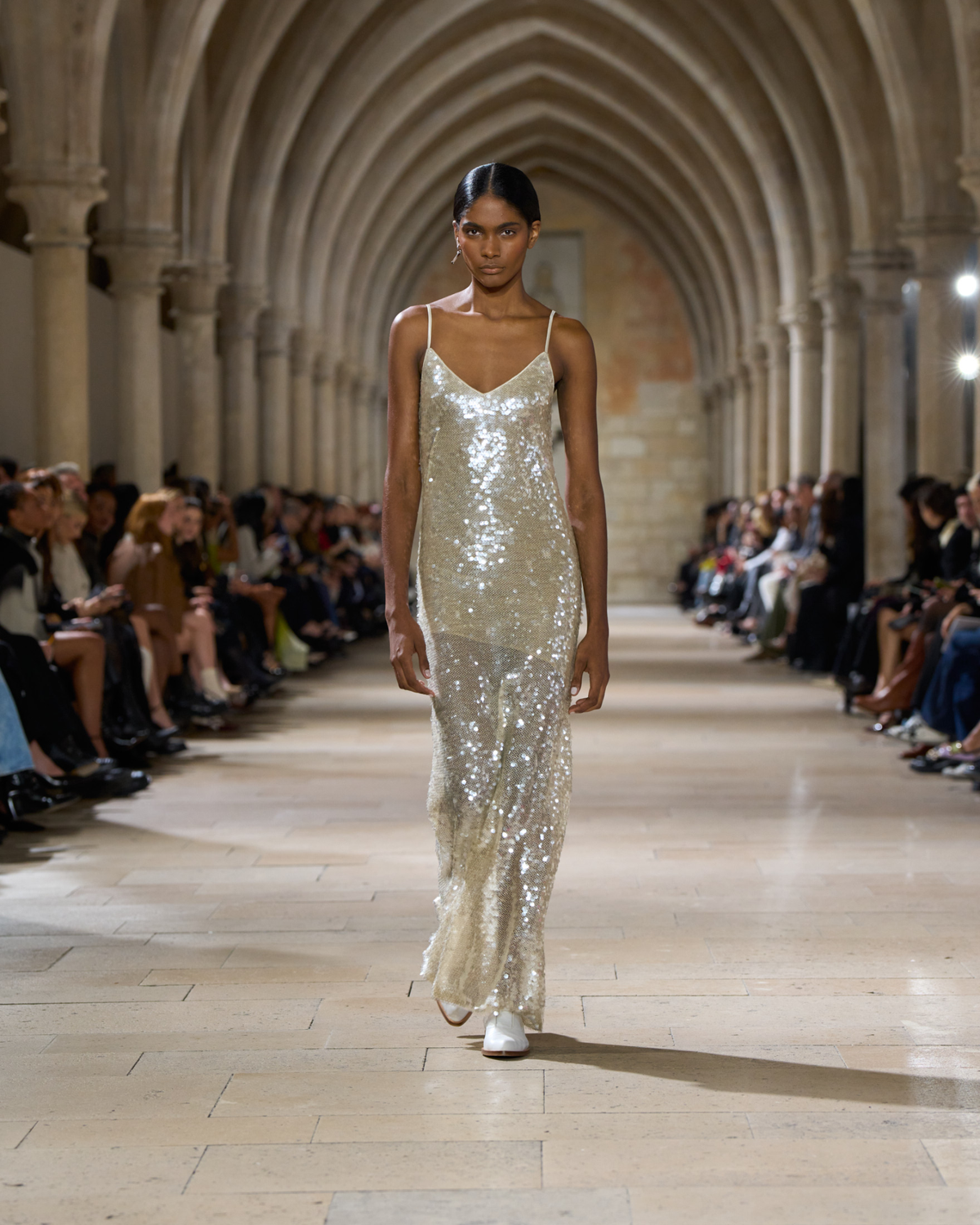 Designer Long Sequined Evening Gown - neutral - pastel - beige #editorial