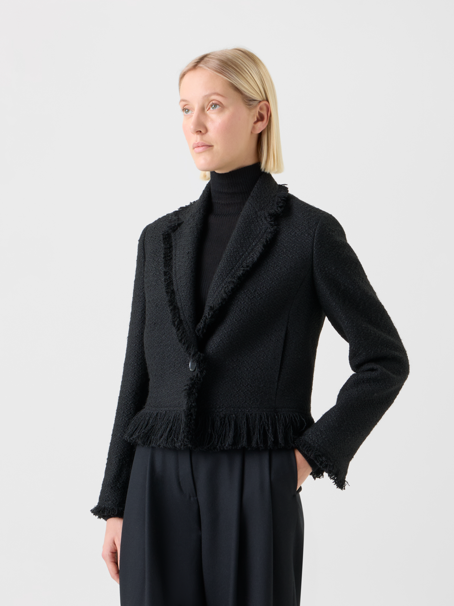 Designer Cropped Bouclé Tweed Jacket with Fringe Hem - black - neutral 
