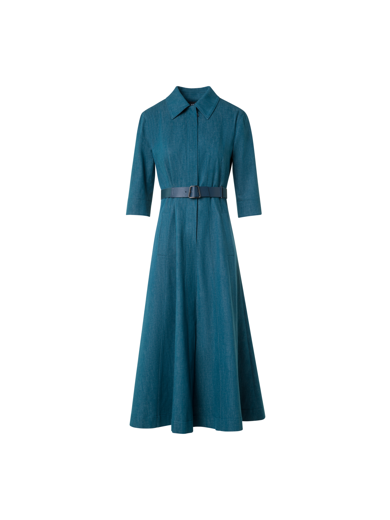 Designer Flared Midi Shirt Dress in Cotton Denim - green