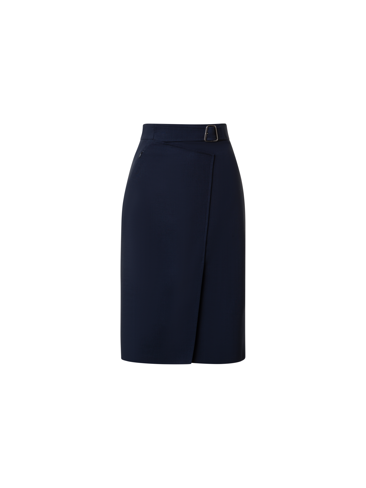 Designer Wool Double-Face Wrap Effect Pencil Skirt - navy - blue