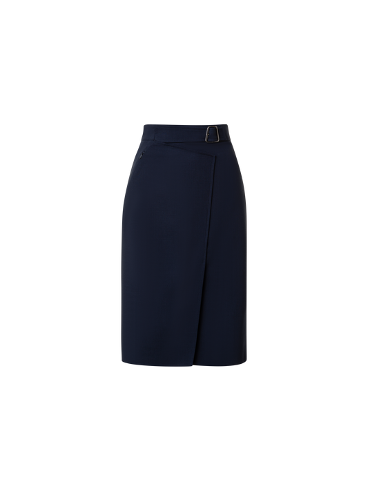 Designer Wool Double-Face Wrap Effect Pencil Skirt - navy - blue