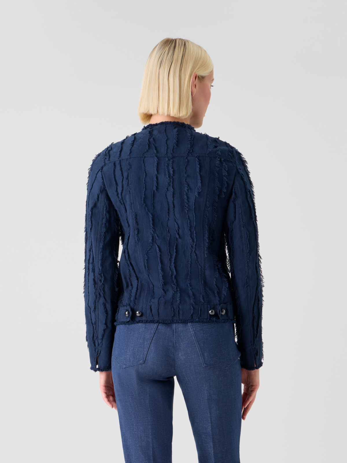 Designer Fringed Wave Jacquard Cotton Jacket - navy - blue