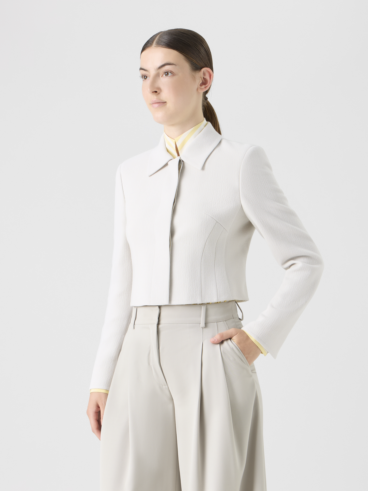 Designer Cropped Wool Crêpe Double-Face Jacket - grey #editorial