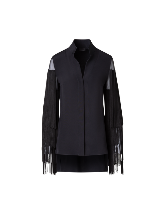 Designer Silk Tunic Blouse with Fringes Sleeves - black