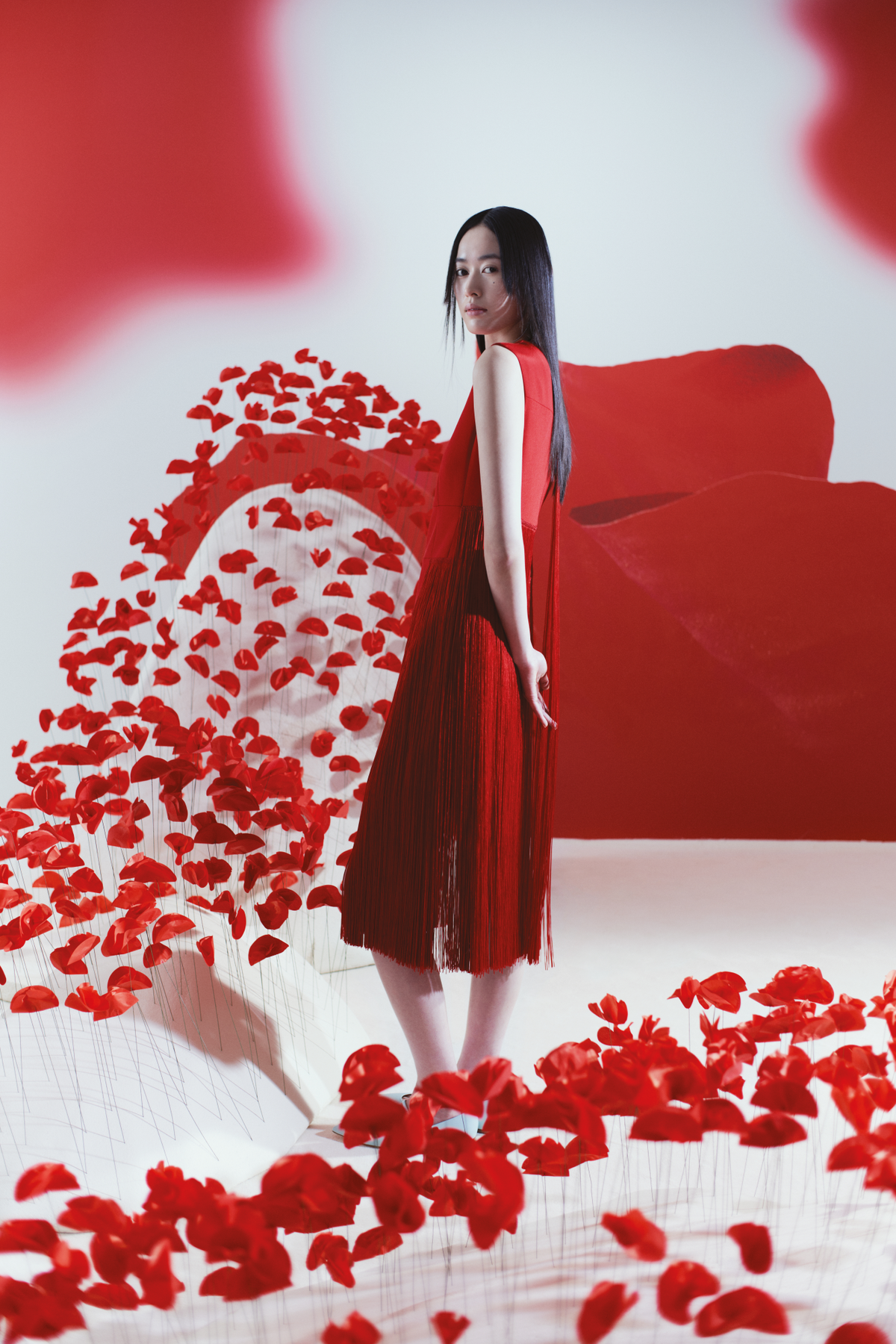 Designer Sleeveless Silk Dress with Fringes - red #editorial