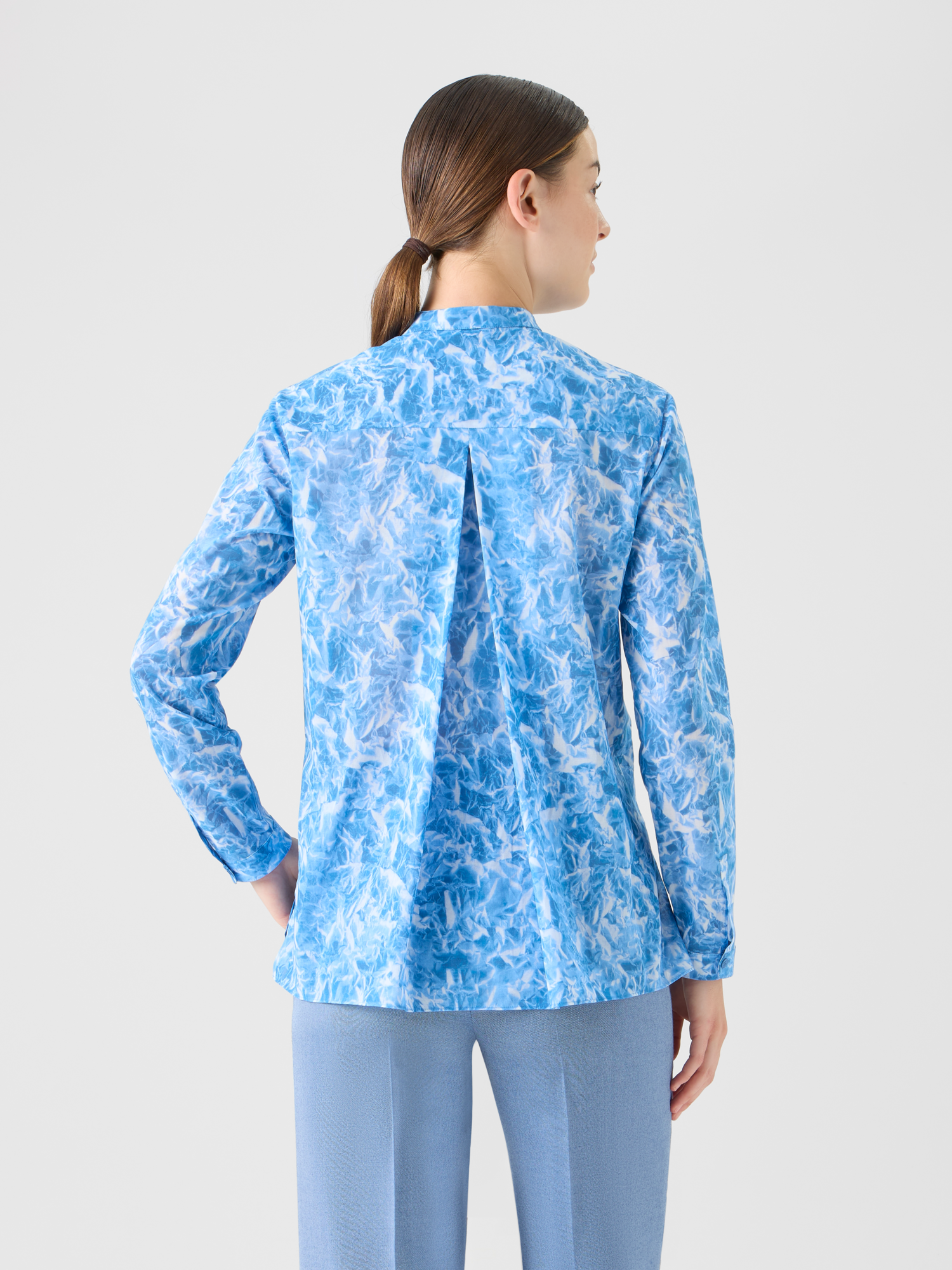 Designer Whitecaps Print Cotton Voile Tunic Blouse - blue 