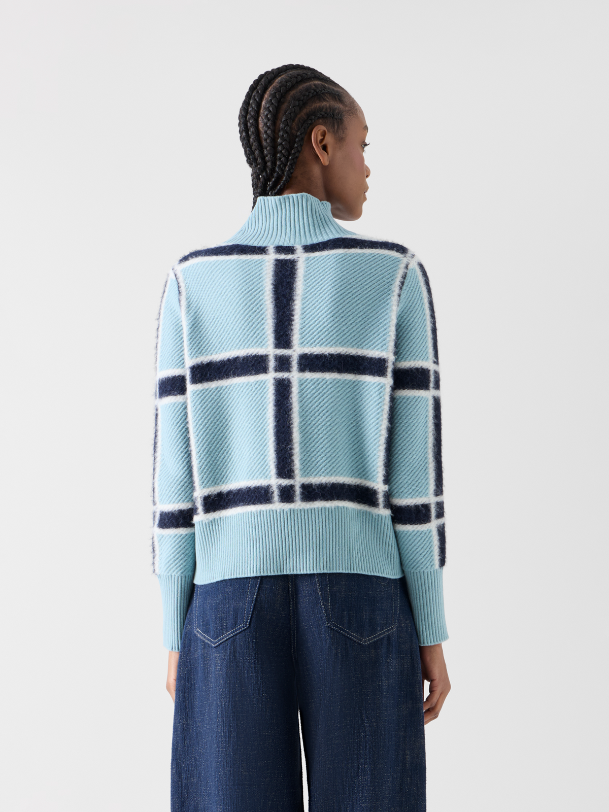 Designer Wool Cashmere Sweater with Intarsia Plaid - blue #editorial