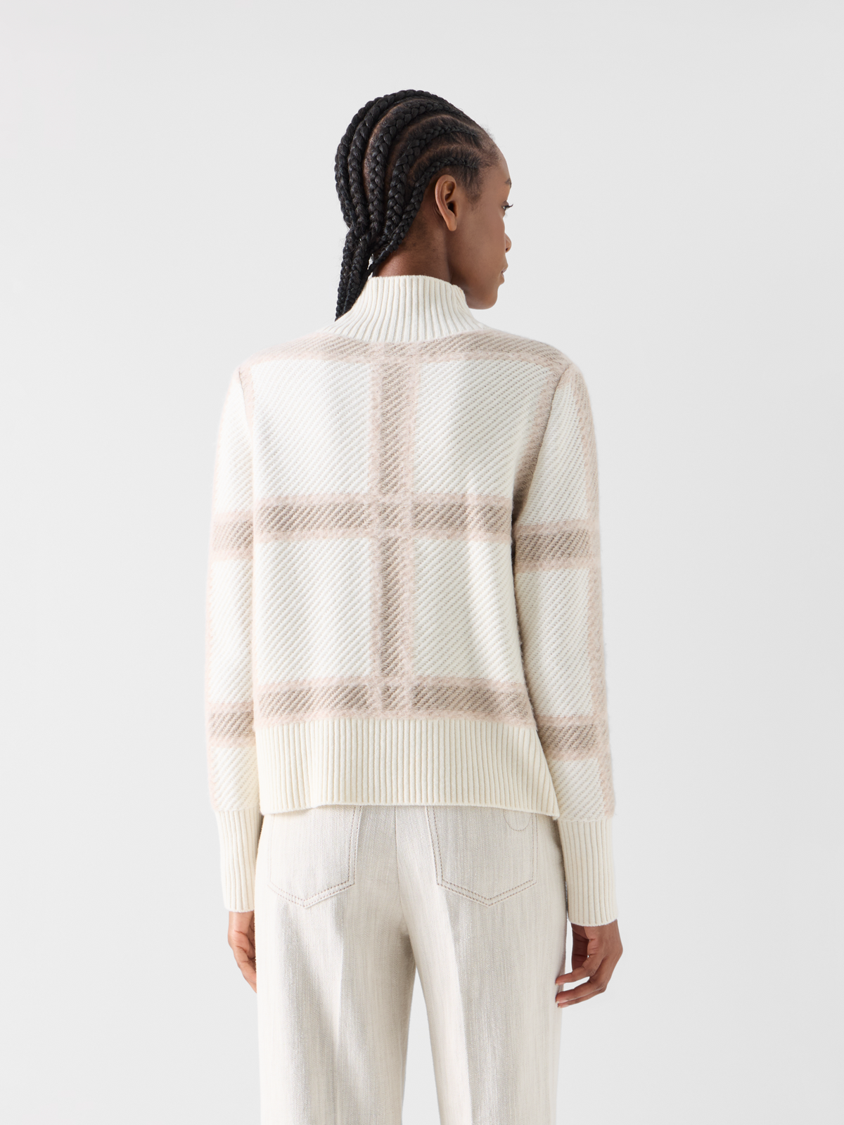 Designer Wool Cashmere Sweater with Intarsia Plaid - ecru - multicolor 