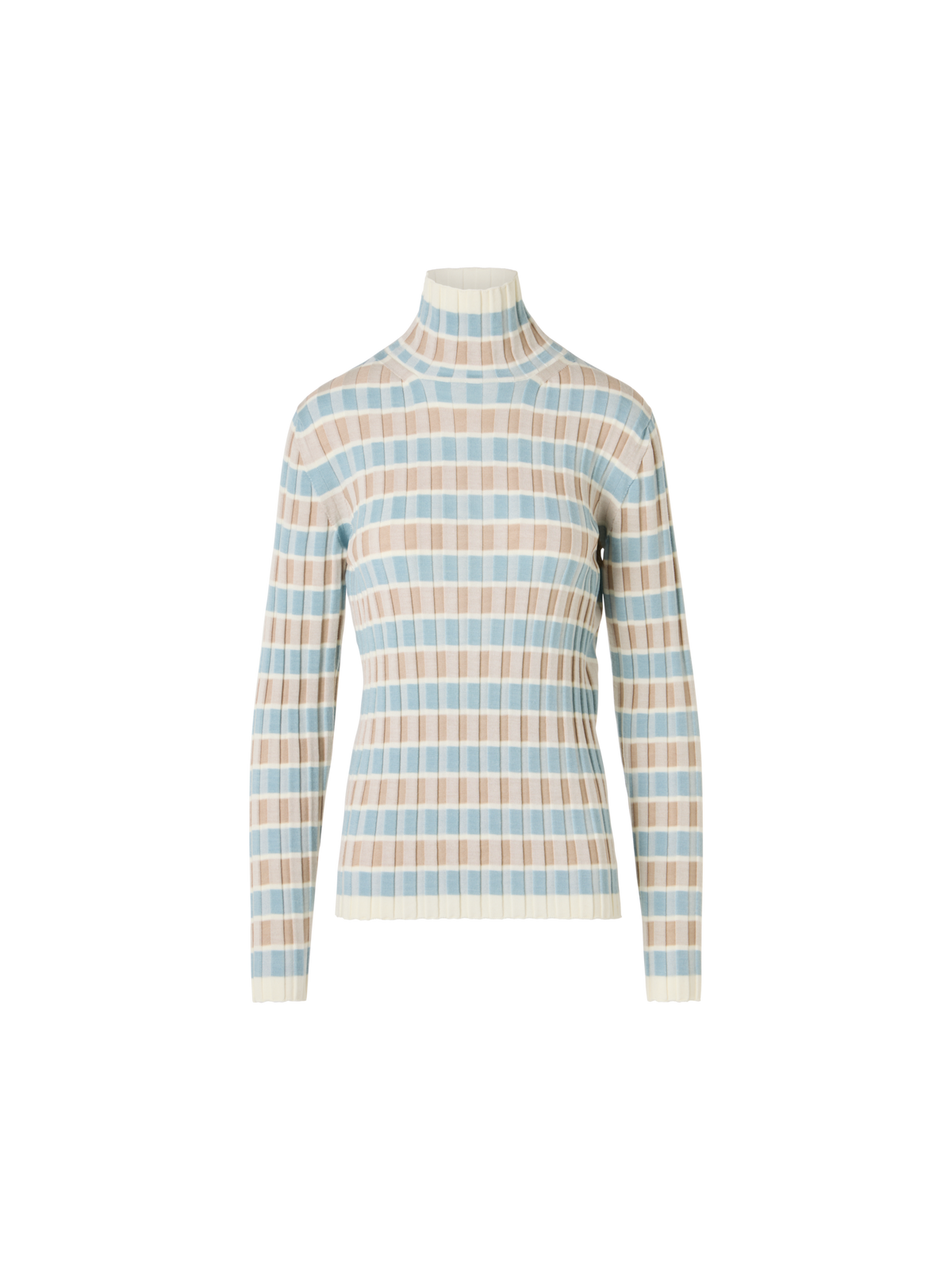 Designer Merino Wool Ribbed Sweater with Check Intarsia - multicolor