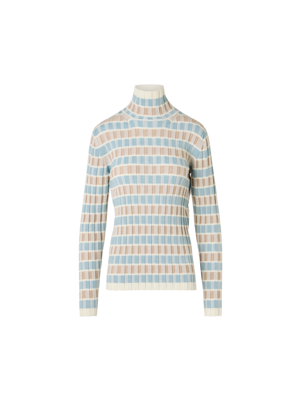 Designer Merino Wool Ribbed Sweater with Check Intarsia - multicolor