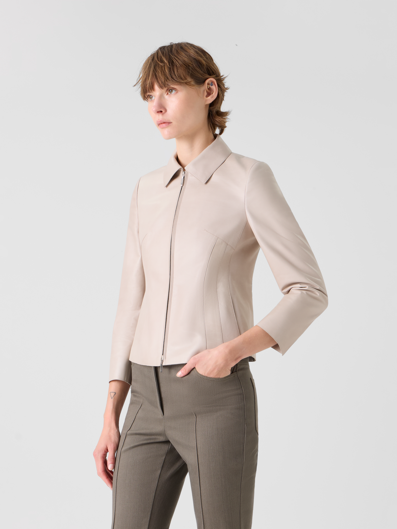 Designer Hecate Short Fitted Leather Jacket - neutral - beige 