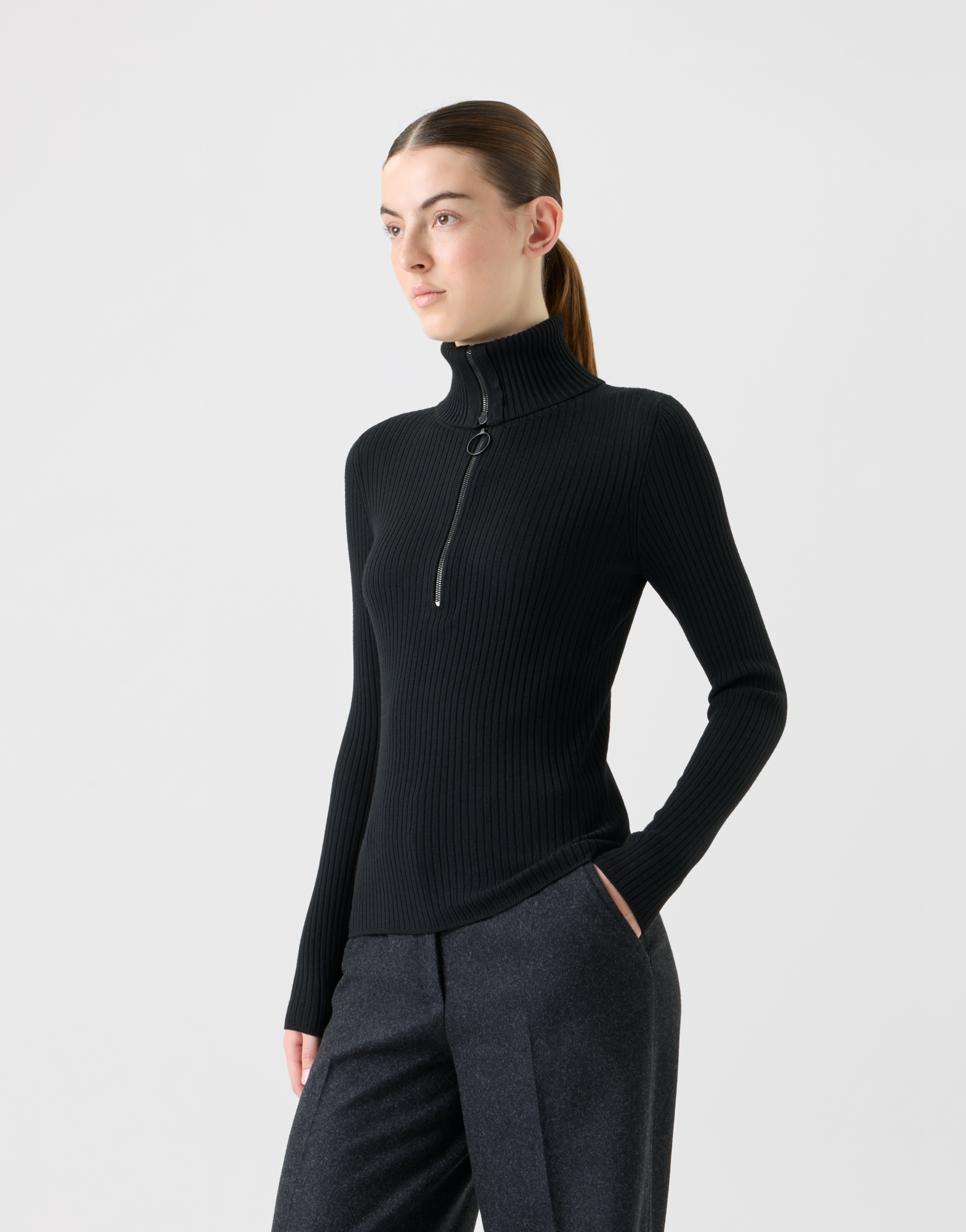 Designer Sailor Collar Merino Wool Rib Half-Zip Sweater - black - neutral 