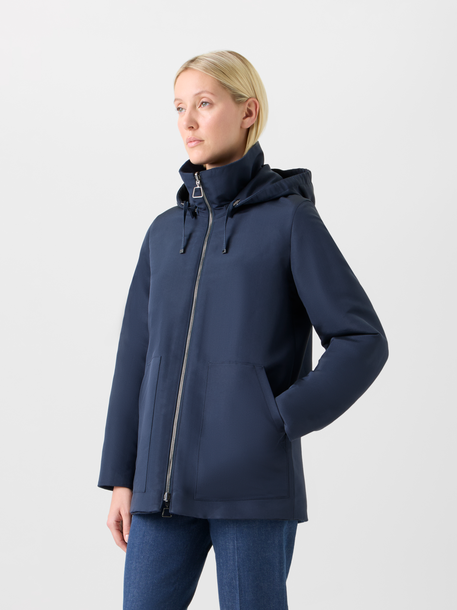 Designer Reversible Cashmere Jacket with Removable Hood - neutral - navy - blue 