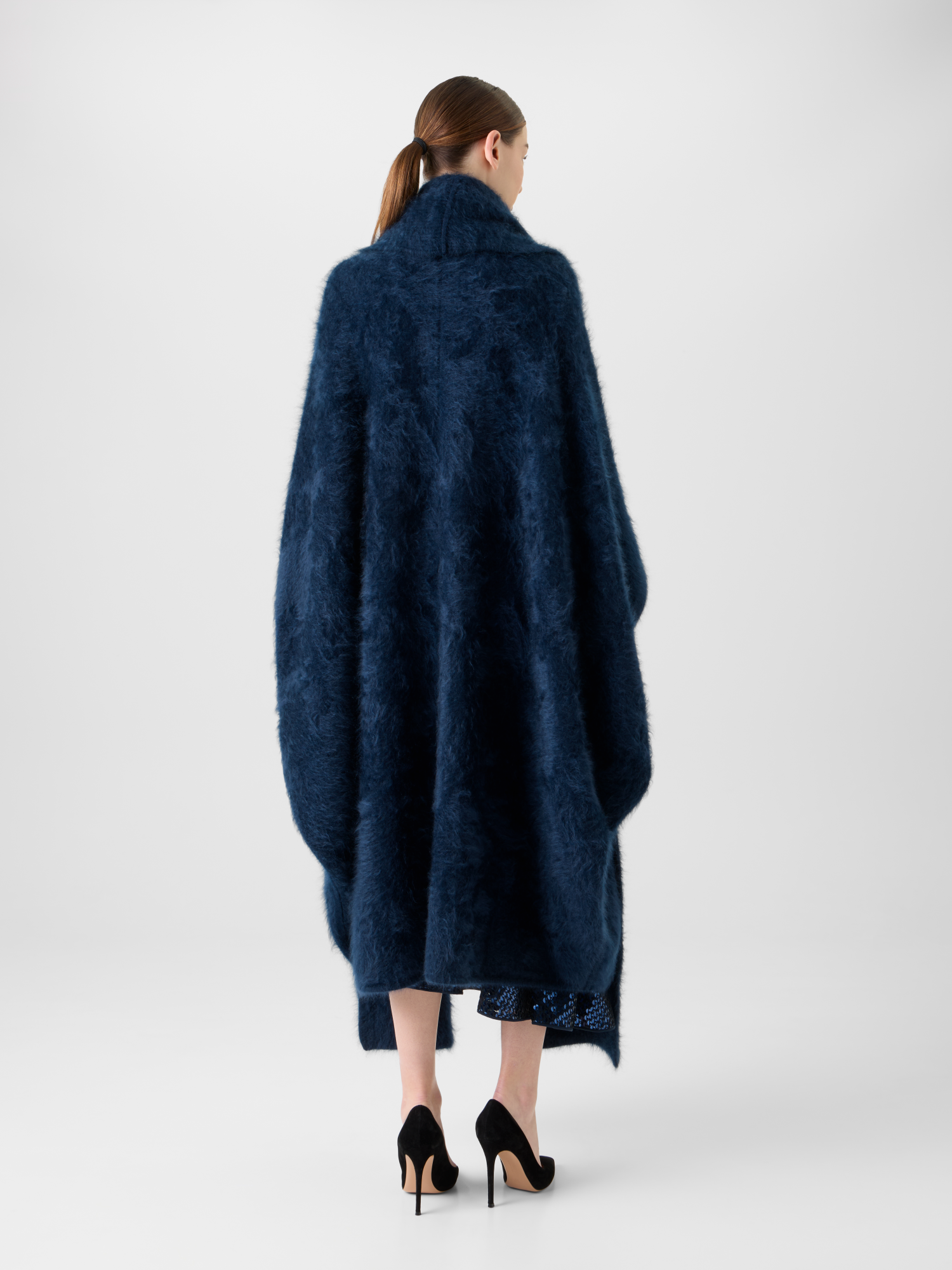 Designer Long Cashmere Cape with Removable Scarf Hood - neutral - navy - blue 