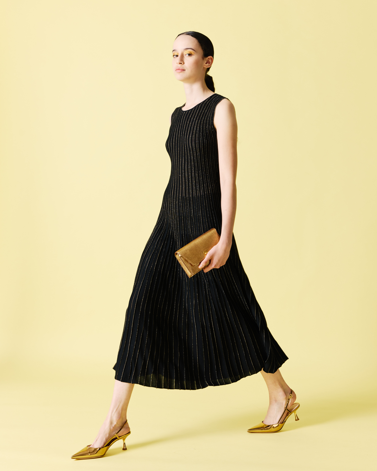 Designer Knit Dress with Golden Lurex Stripes - black - gold #editorial