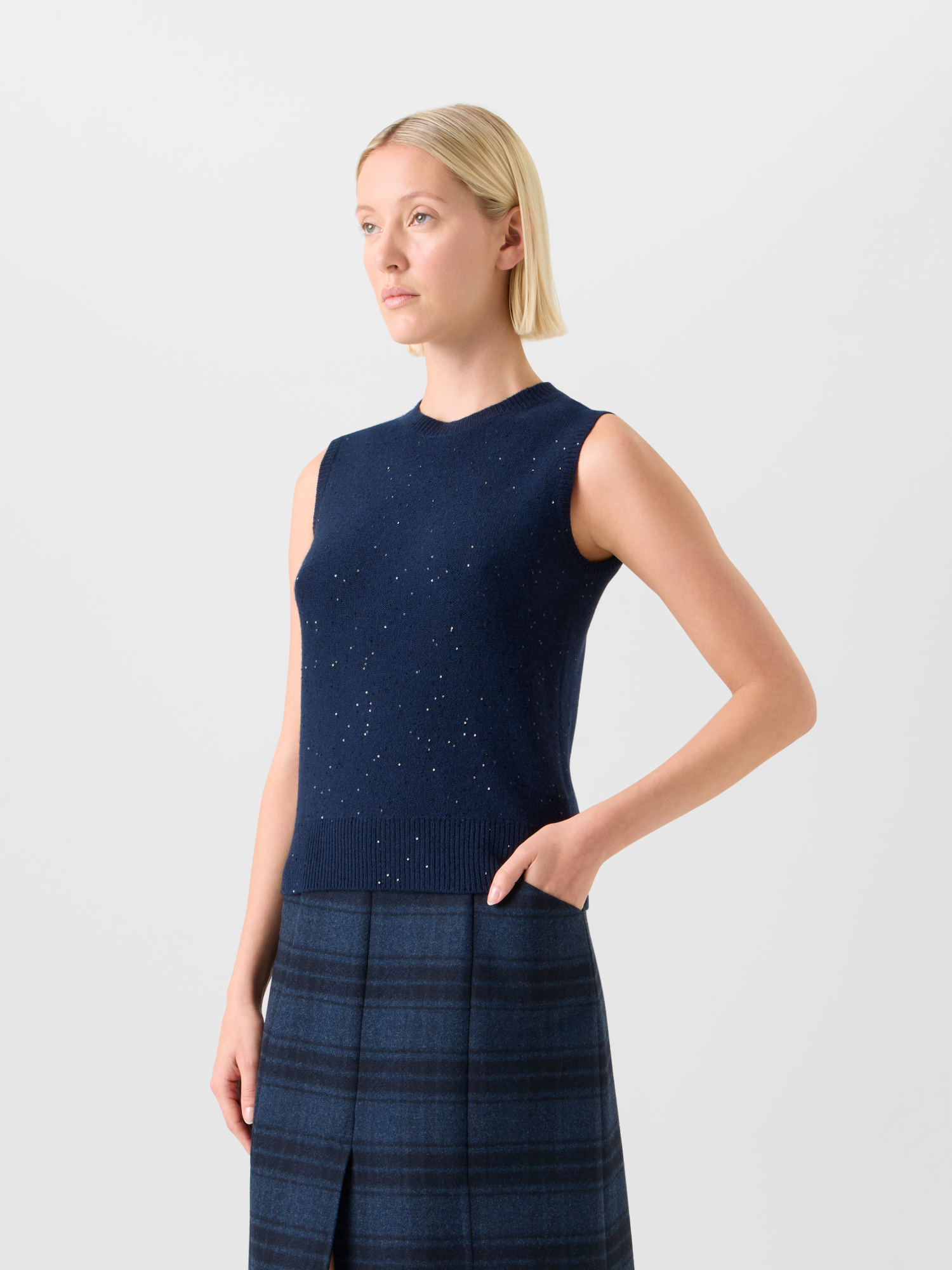 Designer Sequins Wool Cashmere Knit Top - neutral - navy - blue 
