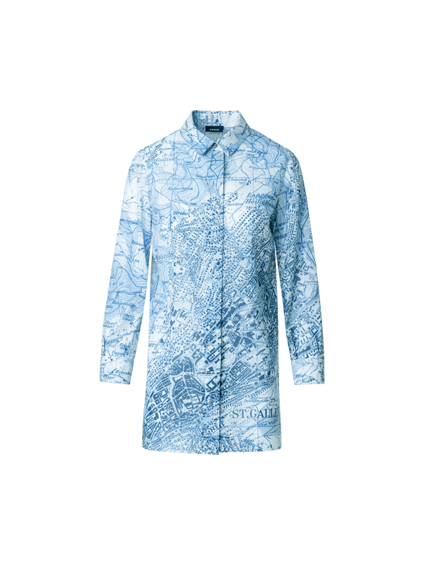 Designer St. Gallen Map Print Cotton Tunic Blouse - blue - multicolor