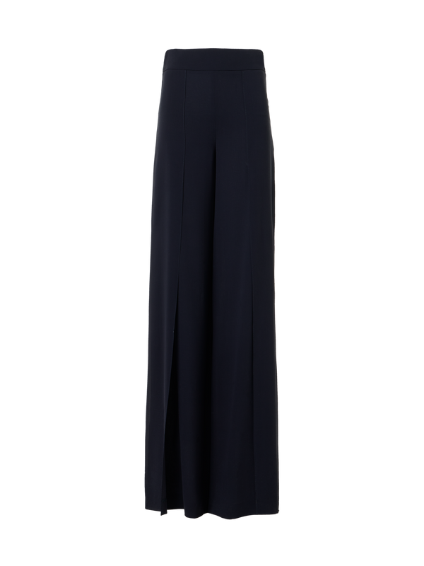 Designer Wide Silk Pants with Slits - navy