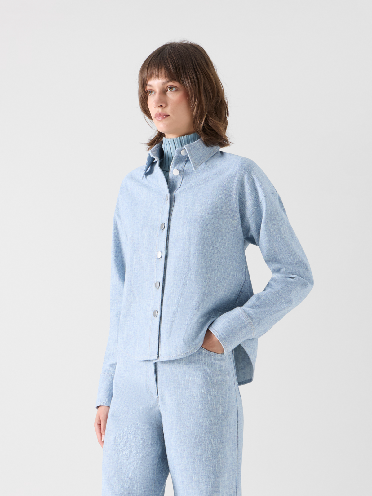 Designer Cropped Shirt Blouse in Brushed Winter Denim - blue 