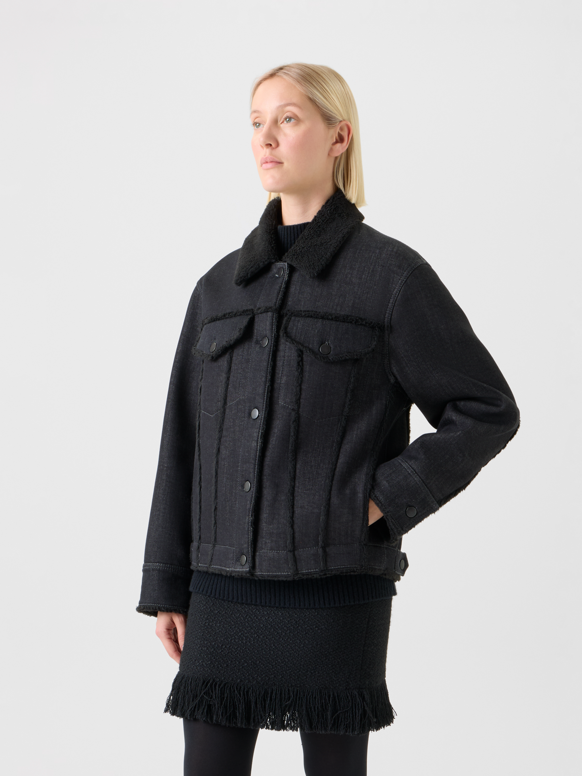 Designer Felted Wool Jacket with Faux Leather Collar - black - neutral #editorial