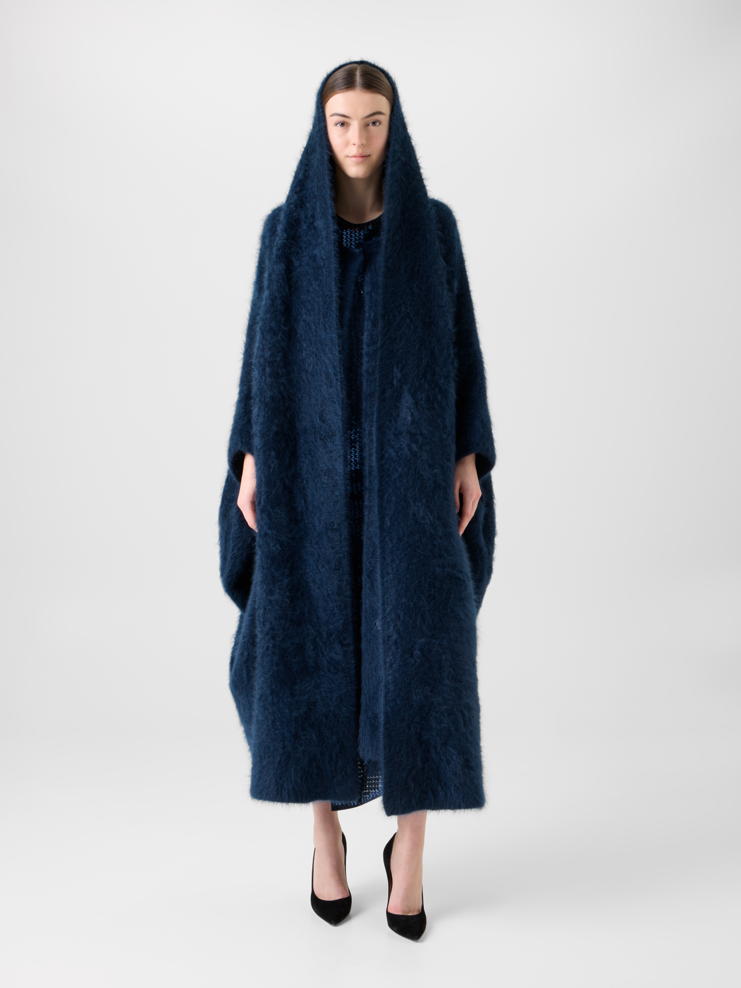 Designer Long Cashmere Cape with Removable Scarf Hood - neutral - navy - blue 
