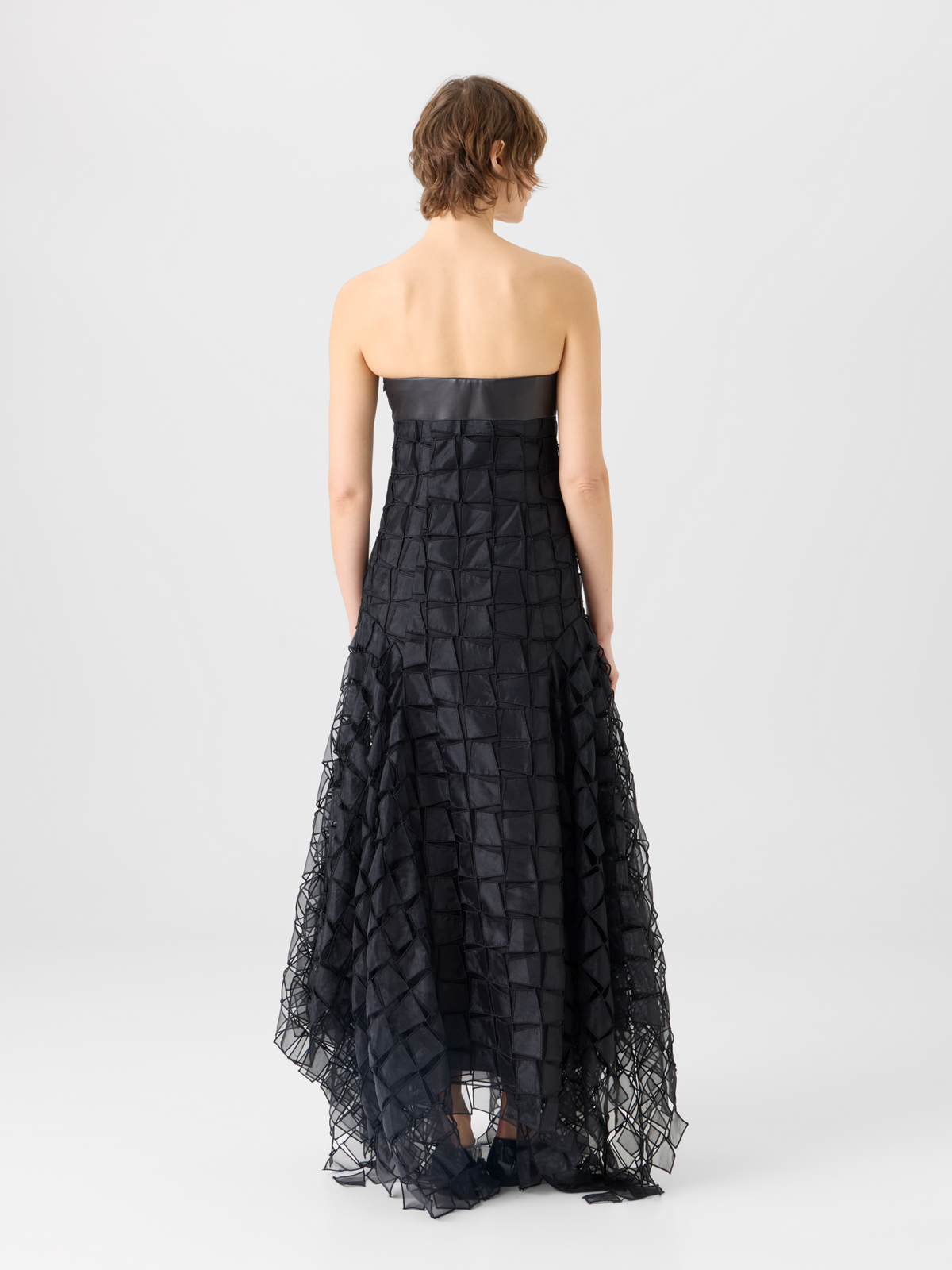 Designer Organza Trapezoid Embroidery Strapless Gown - black #editorial