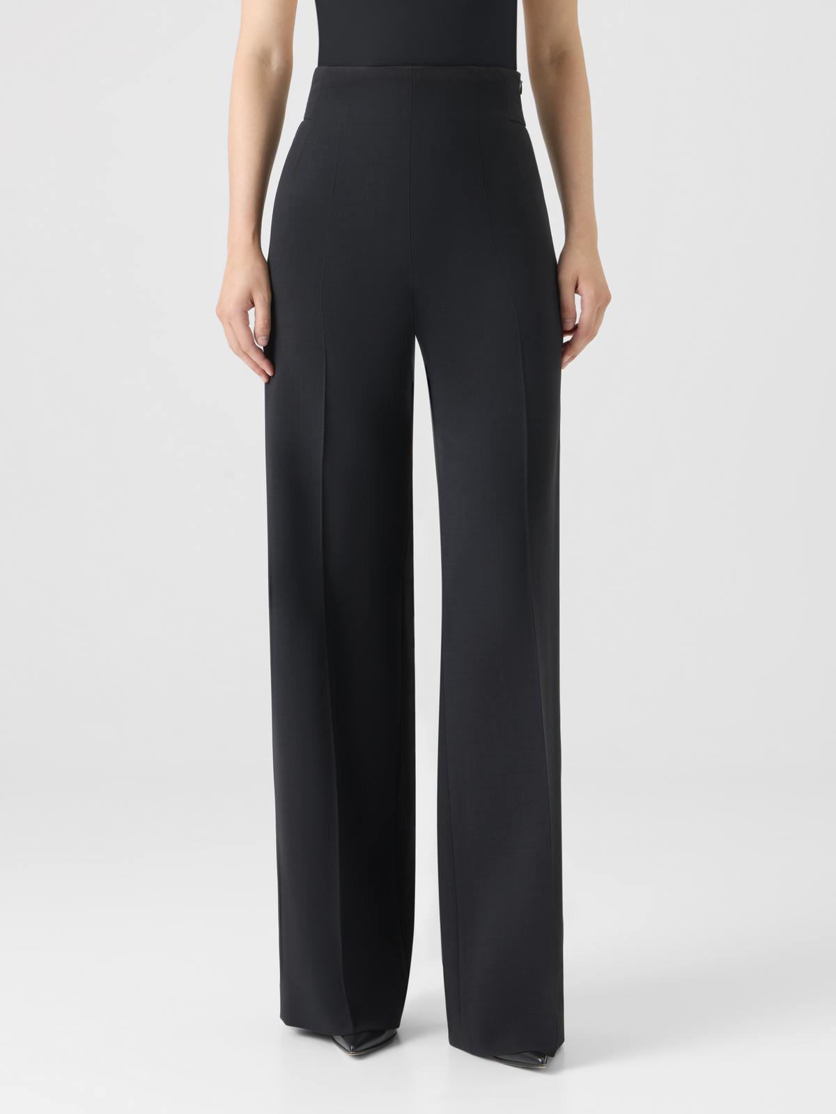 Designer High-Waist Wool Double-Face Pants - black #editorial