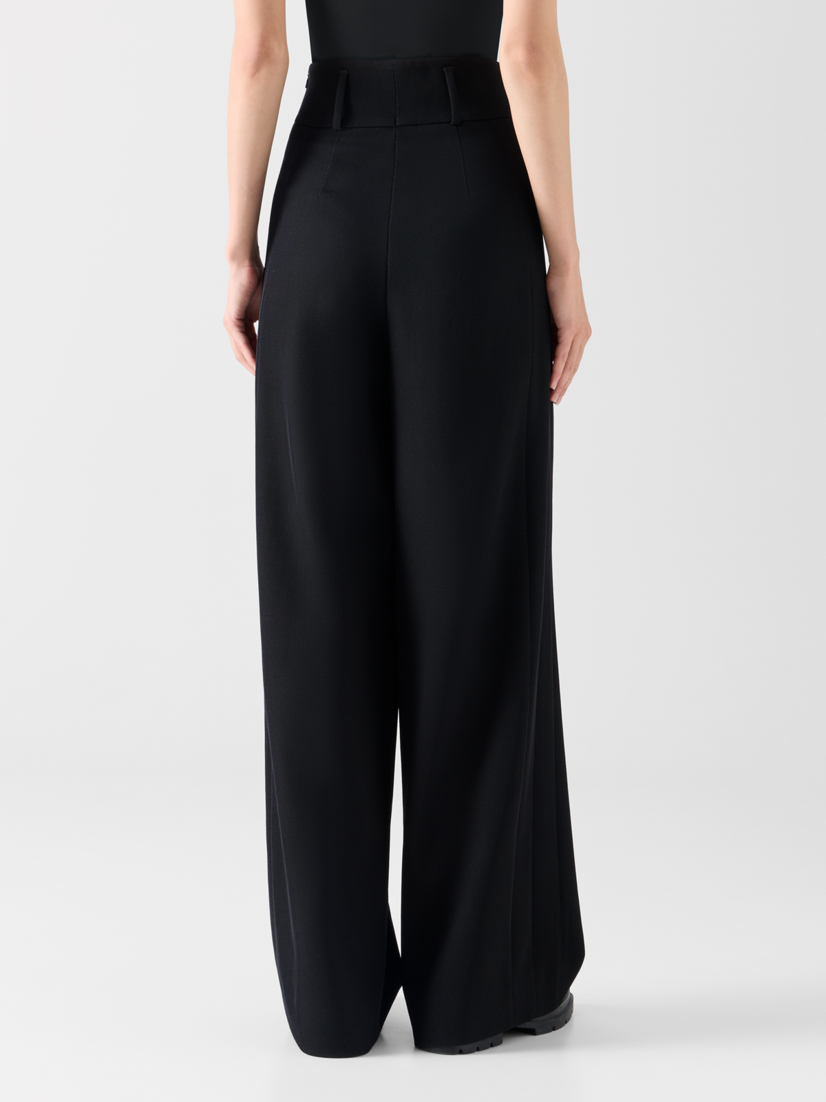 Designer High Waist Pleated Pants in Wool Tricotine - black 
