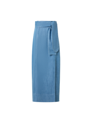 Designer Wrap-Detail Viscose Denim Midi Pencil Skirt - blue