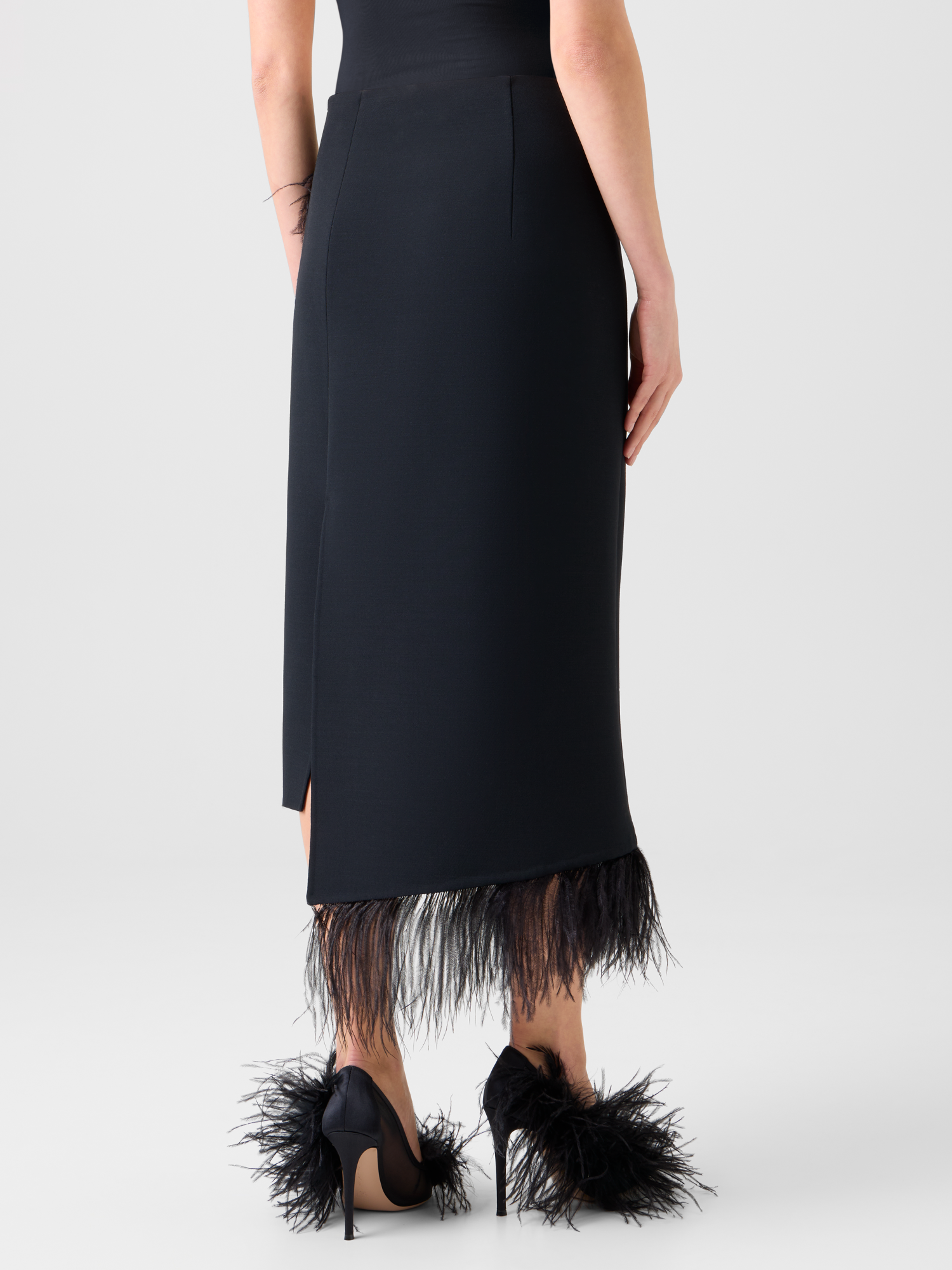 Designer Asymmetrical Wool Midi Skirt with Feather Trim - black - neutral 