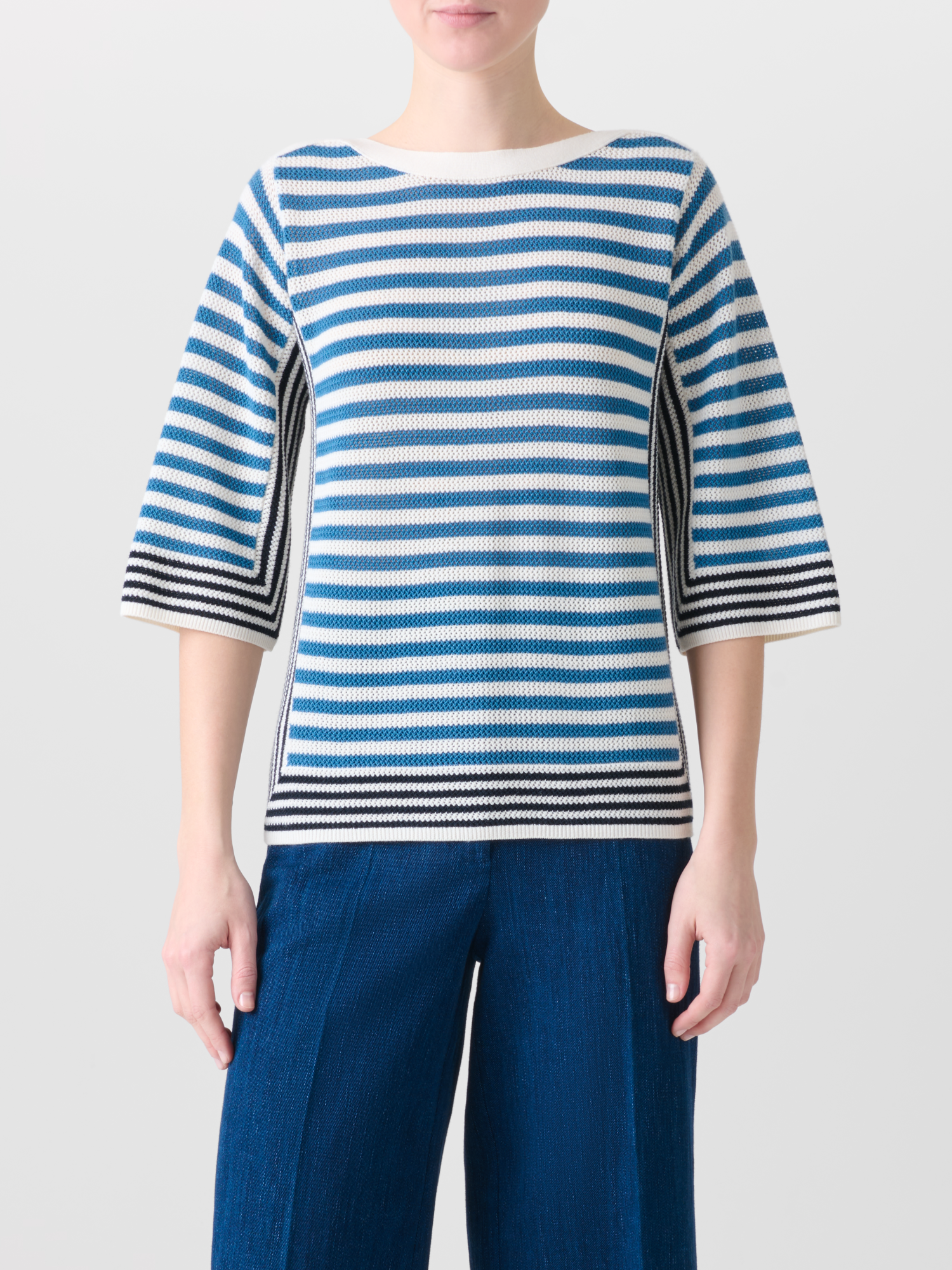 Designer Striped Volume-Sleeve Sweater in Merino Wool - blue - multicolor 