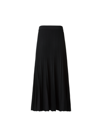 Designer A-Line Merino Wool Rib Knit Pleated Midi Skirt - black - neutral