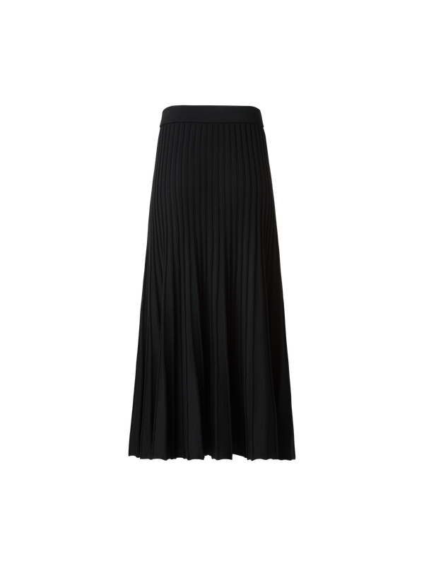 Designer A-Line Merino Wool Rib Knit Pleated Midi Skirt - black - neutral
