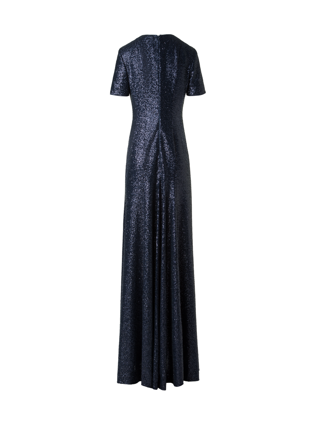 Designer Long Sequined Evening Gown with Short Sleeves - navy - blue